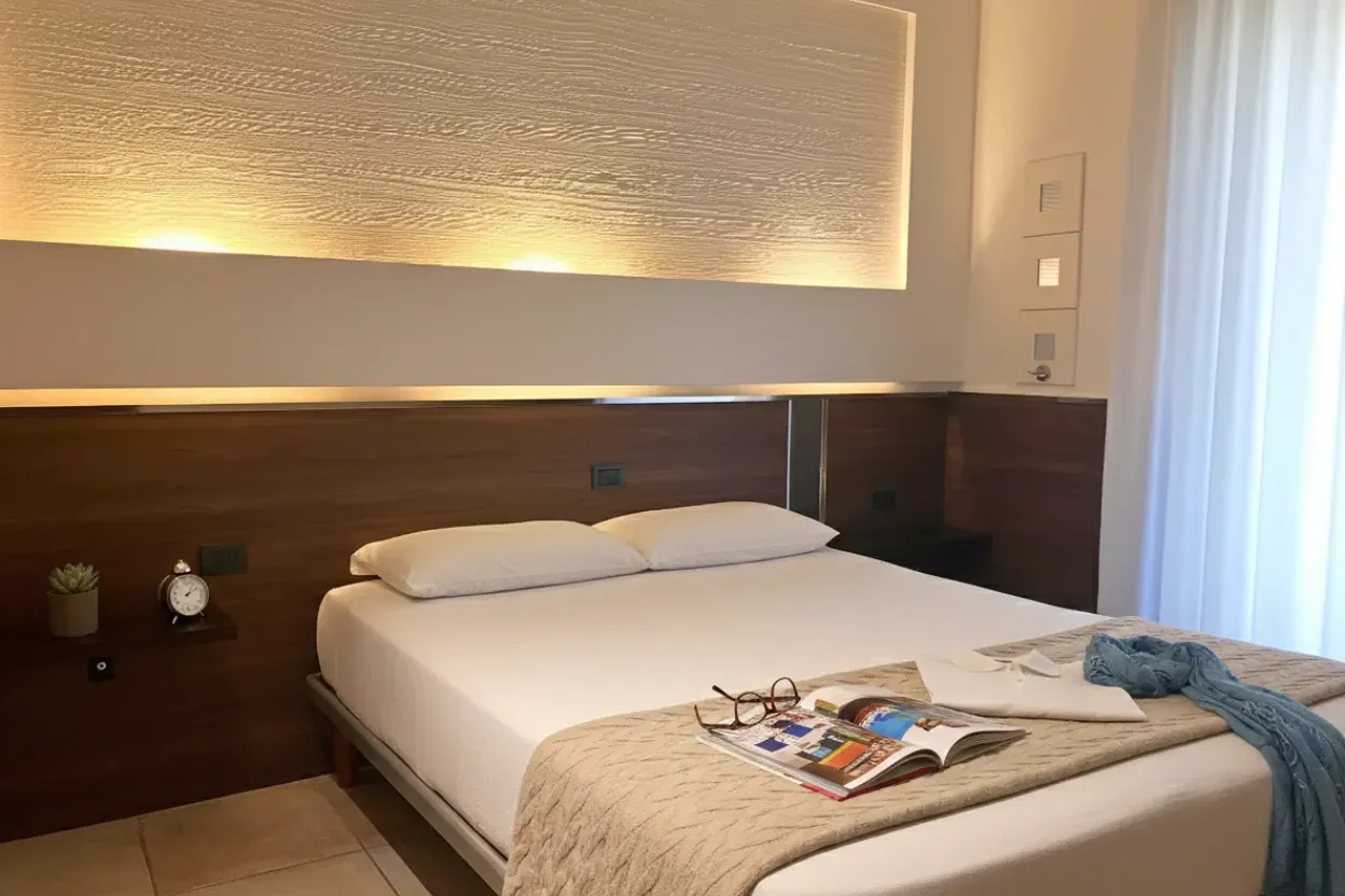 Il letto matrimoniale della Economy tripla con la parete illuminata